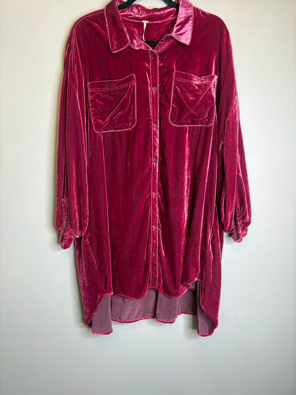 Free People Fairytale Magenta Velvet Button Down Midi Shirt Dress Size 0 New